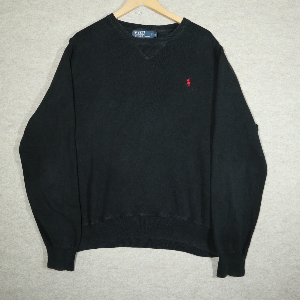 Polo Ralph Lauren Sweater Mens XL Black Cotton Knit Red Pony Logo Pullover Crew